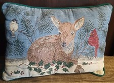 Holiday Deer Birds Winter Tapestry Pillow 11 X 15 In Forest Wildlife Throw Couch