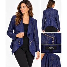 Lena Gabrielle Draped Open Front Jacket Womens 8 Blue Textured Zipper Accent