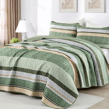 Green Queen Quilt Set, Boho Bedspread Queen Size, Striped Bedding Sets 3 Pieces,