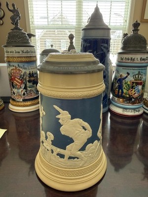 Antique German Mettlach relief bowling stein 1/2L made in 1899, mold # 2182