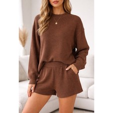 Zenana 2PC Lounge Set Brown Ribbed Sweater  Shorts M Soft Cozy Matching Set NWT