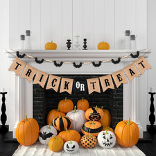 2 Pack Halloween Trick or Treat Burlap Banner Felt Bat Garland