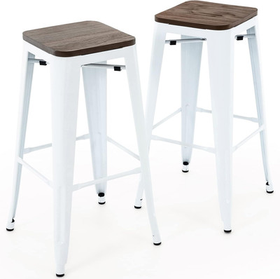 30 Inch Metal Bar Stools with Square Solid Elm Wood Seat Top, Backless Stackable