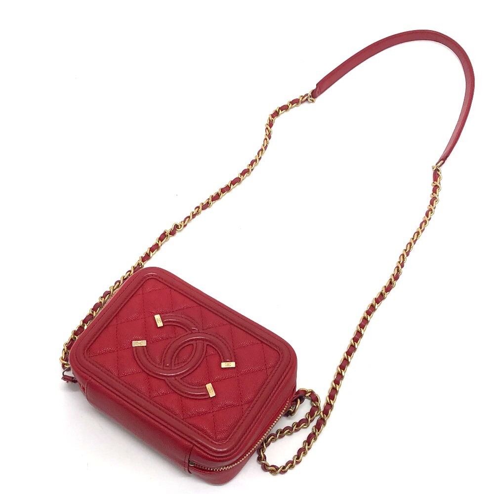 CHANEL A84452 CC filigree Matelasse Chain mini Shoulder Bag Caviar Leather Red image 6