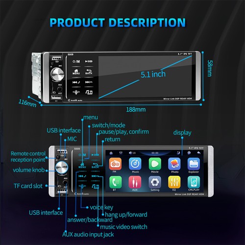 Single DIN Stereo Autoradio Bluetooth Touchscreen Carplay Mirror Link TF/AUX/FM - Bild 2 von 24