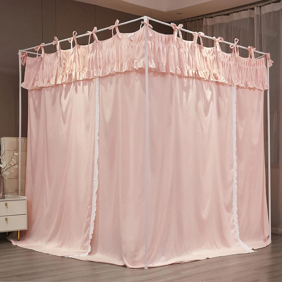 Ruffle Lace up 4 Corners Post Princess Curtain Bed Canopy Cozy Breathable Mos... - Image 3 of 4