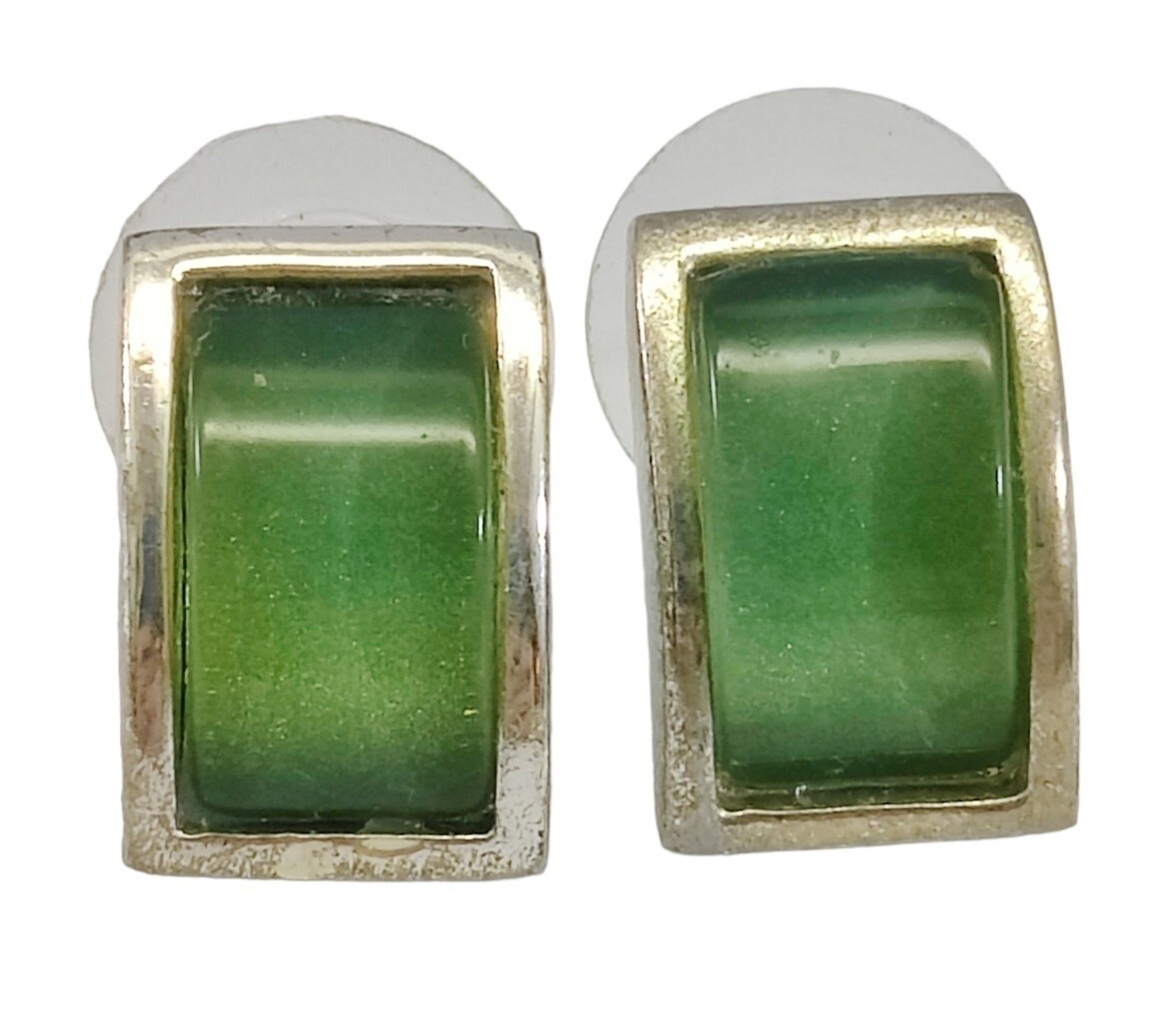 Silver Tone Earrings Stud Rectangle Cabochon Gree… - image 1