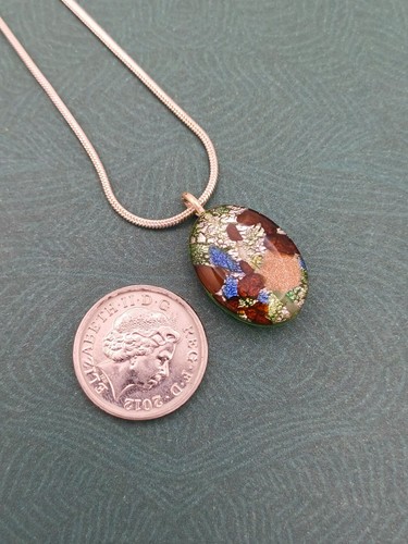 Beautiful Murano 925 Silver & Multicoloured Oval Glass Pendant Chain Necklace - Picture 8 of 16
