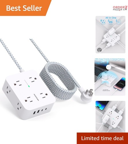 10 Ft Power Strip Surge Protector, 8 AC Outlets, 4 USB Charging Station for Home