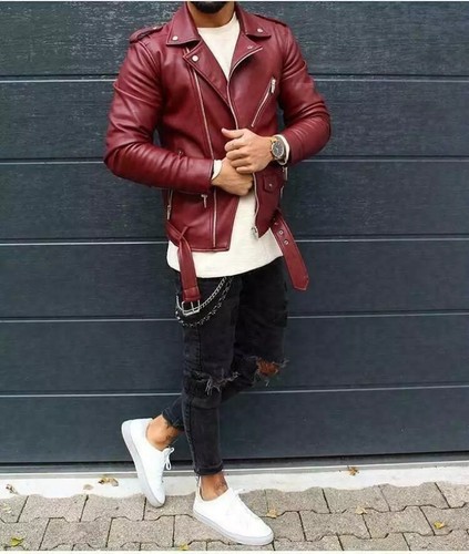 New Men Genuine Lambskin Leather Jacket Maroon Slim fit Biker Motorcycle jacket - Picture 3 of 5