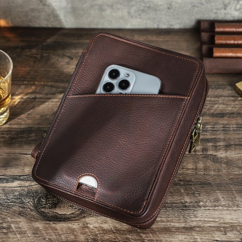 Bolsa de viaje de cuero genuino Estuche de transporte de almacenamiento Bolsa Soporte Bolsillo con cremallera - Imagen 3 de 6