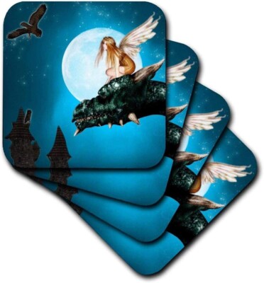 3dRose Fairy Dragon Fantasy with Moon and Owls - Ceramic Tile Coasters, Set of 4