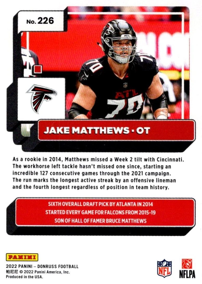2022 Donruss Red Press Proof Jake Matthews Atlanta Falcons #226 - Image 2 of 2