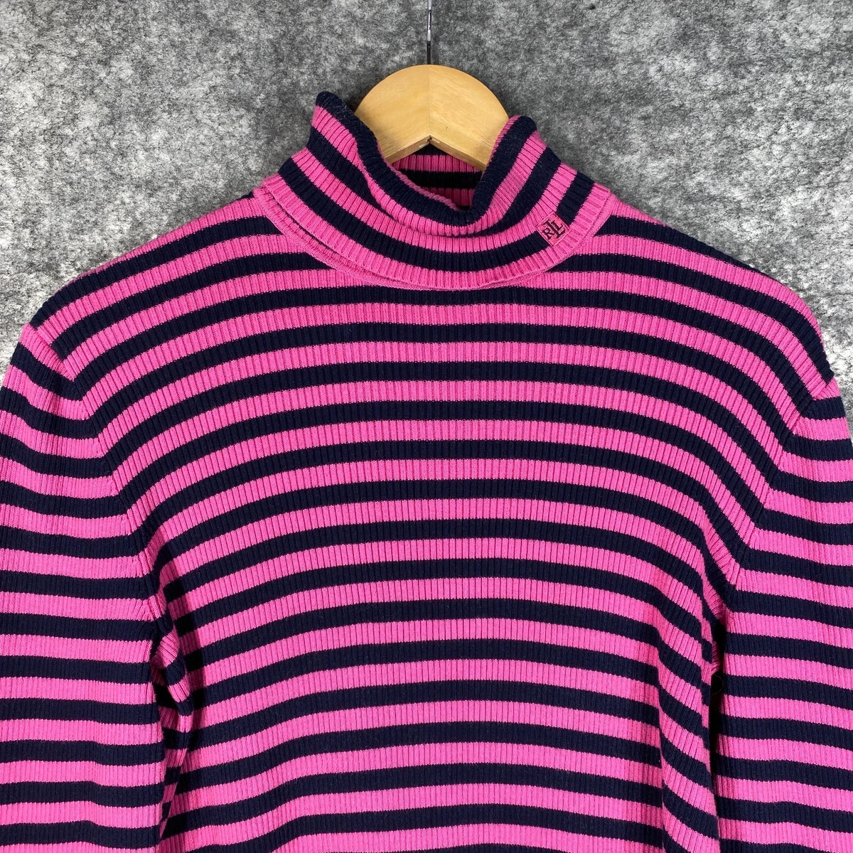 Ralph Lauren Sweater Women Large Pink Breton Stripe Ribbed Rollneck Barbie  Crop