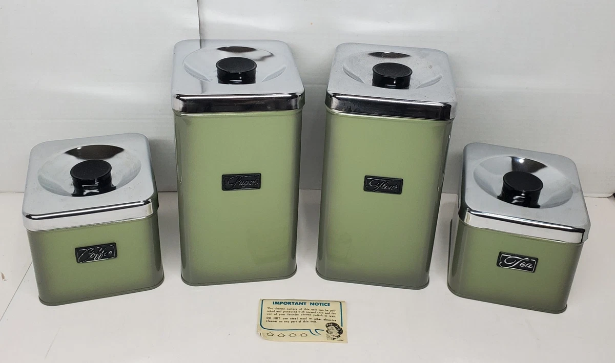 Vintage Tin Canister Set In Collectible Metal Kitchen Canisters