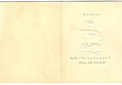 Menükarte Kiel 1952, Dampfer Vossbrook, Dinner, Innenseite mit Speisefolge 