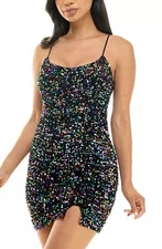 Pear Culture Black Sequin Bodycon Mini Dress Size 3/4 Party Club Sparkle Glam