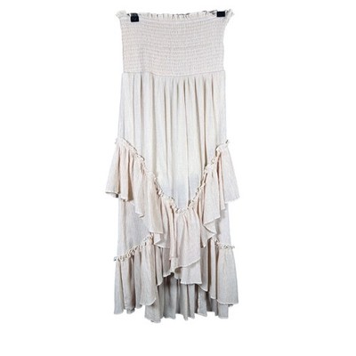 Life Women Small Cream Smocked Tiered Ruffle Boho Maxi Skirt Strapless Dress