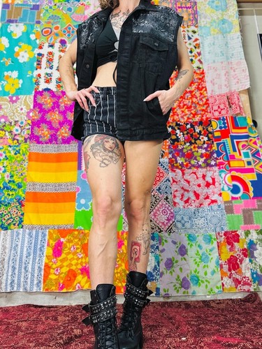 Upcycled Mens Patchwork Denim Vest Metallic Paisley Fabric Black Jean Vest OOAK - Picture 7 of 8