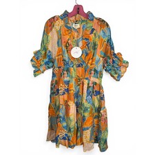 NWT Umgee Tropical Floral Mini Dress Ruffle V-Neck Smocked Waist Large Summer