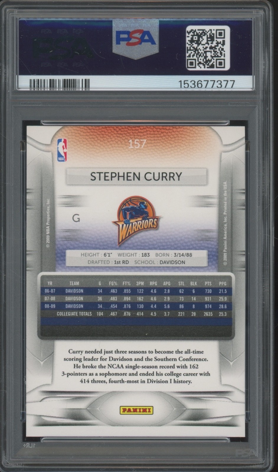 2009 Panini Prestige #157 Stephen Curry RC Rookie Gem Mint PSA 10 view 2