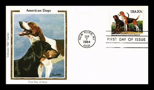 US COVER COLORANO SILK FIRST DAY OF ISSUE AMERICAN DOGS COONHOUND & FOXHOUND