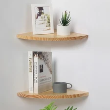Set of 2 Waterproof Natural Wood Corner Wall Shelves with Cable Raceway