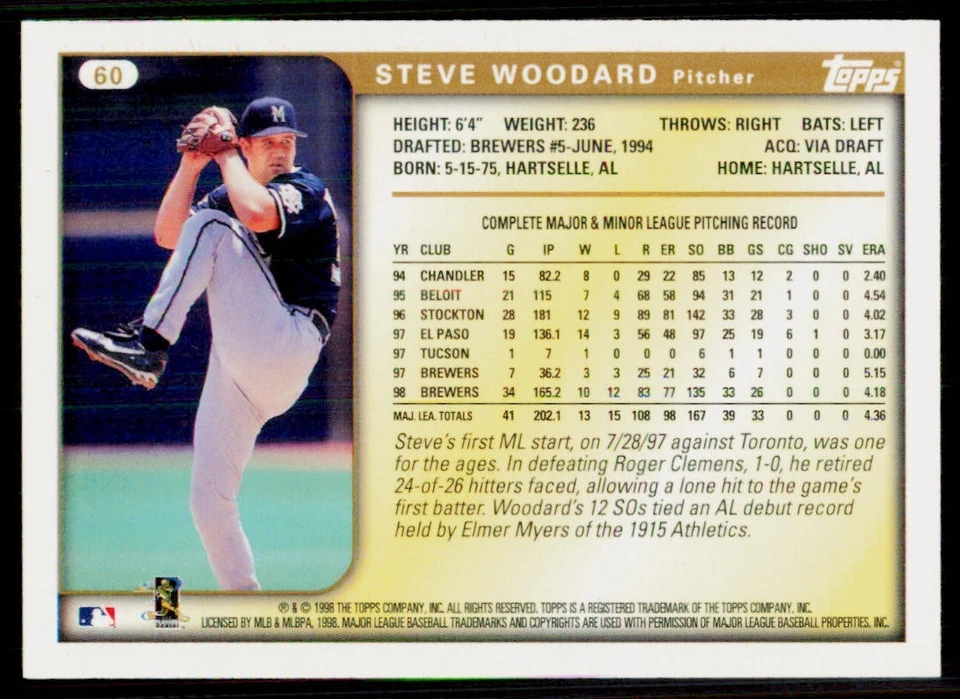 1999 Topps #60 Steve Woodard Milwaukee Brewers Baseball Card - Image 2 of 2