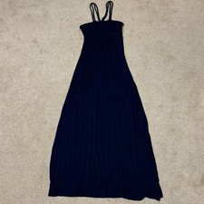 New Look Navy Blue Ruched Halter Top Maxi Dress Braided Straps Wrap Boho, Sz 8