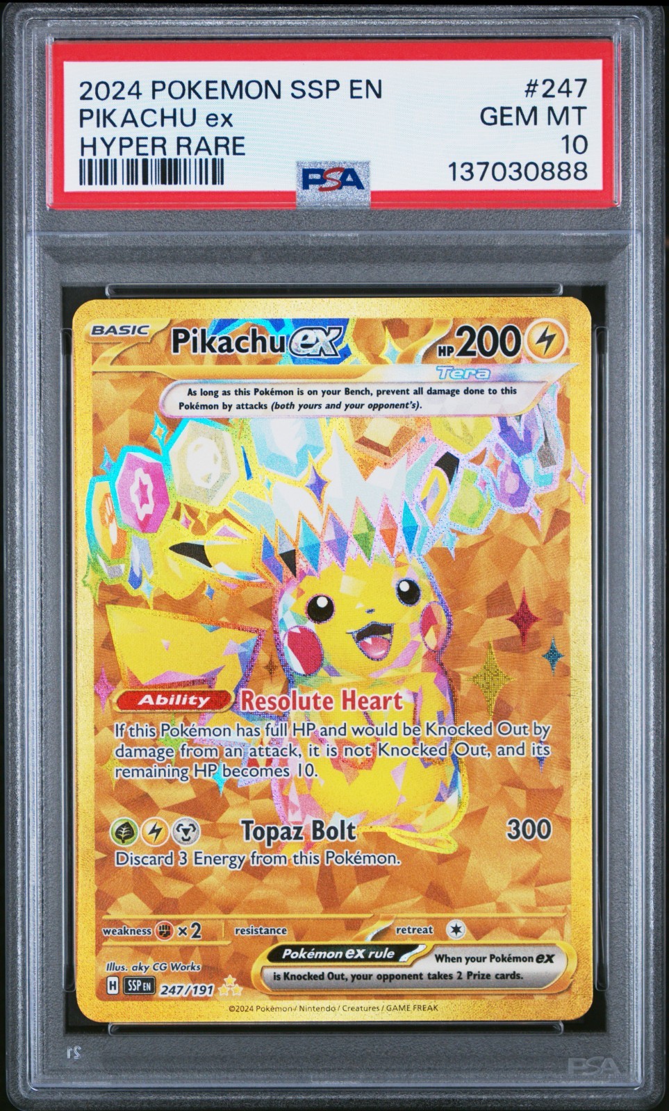 PSA 10 2024 POKEMON SSP EN-SURGING SPARKS HYPER RARE #247 PIKACHU EX