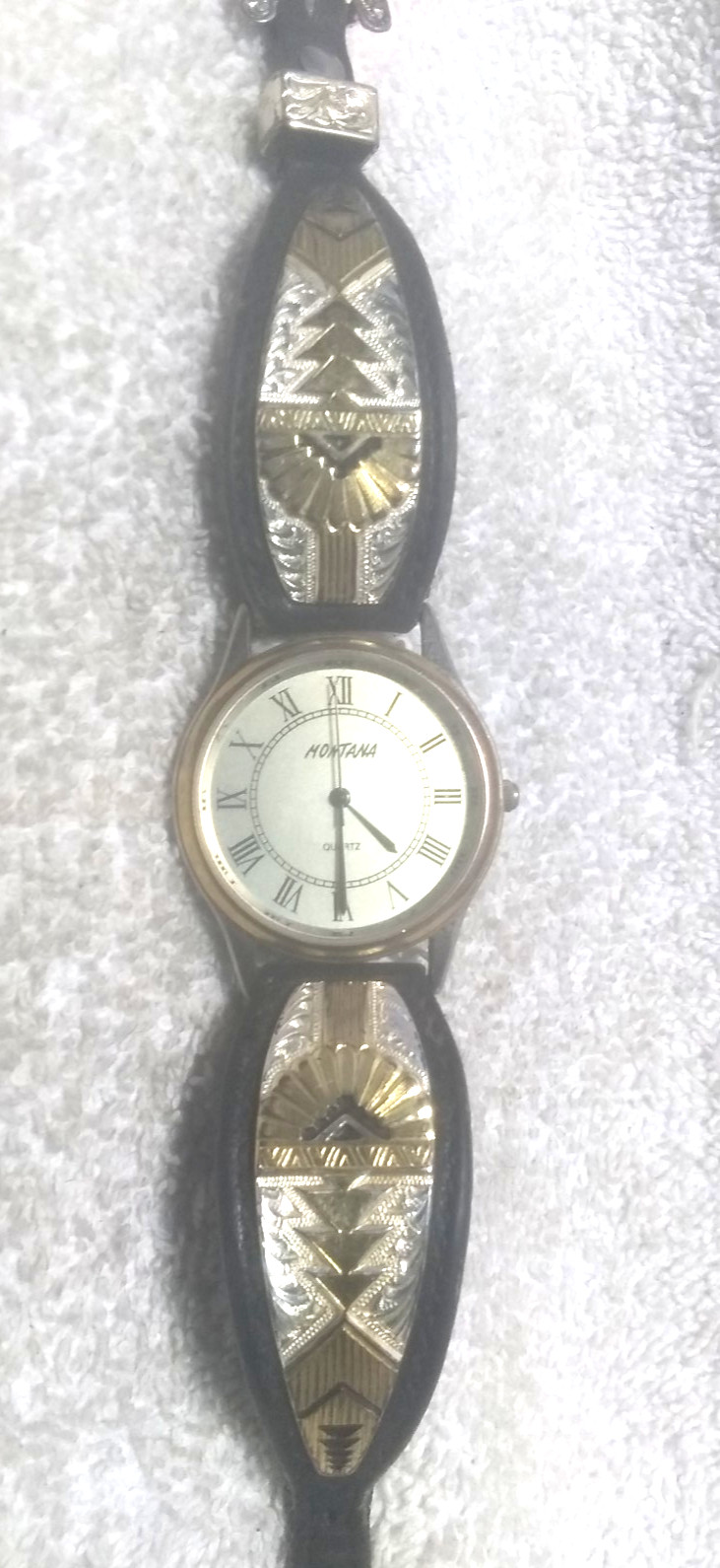 Men Bat !! Black Watch Aztec Leather Silver Great Montana Silversmiths Gold New - vintagewatches.pk