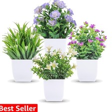 4 Pack Small Fake Plants Mini Artificial Faux Plants Indoor with Flowers Spri...