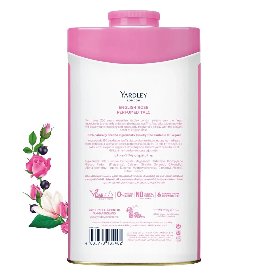 Pó de talco perfumado Yardley English Rose - 250 gramas ou 8,8 oz - Imagem 2 de 2