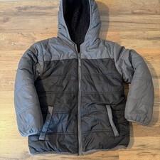 Eddie Bauer Boys Black Grey Hooded Coat XS 5/6 Reversible Sherpa Full Zip