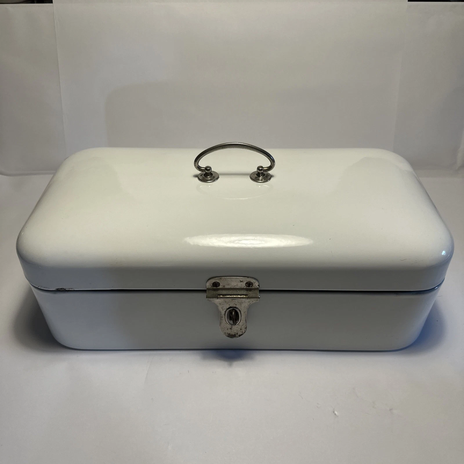 Vintage 1930s BREAD BOX White Enamelware Metal Storage Bin