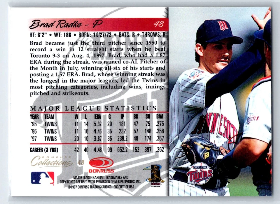 1998 Donruss Collections Donruss Brad Radke Minnesota Twins #48 - Image 2 of 2