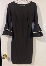 Calvin Klein Dress Womens Size 2 Black Bell Sleeve White Trim Sheath Work