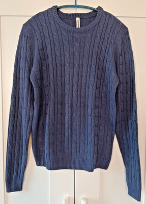 Damen Pullover von New Caro, dunkelblau, Zopfmuster, Gr. L (fällt wie S aus)