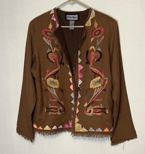 Vtg Y2K Indigo Moon Floral Embroidered Embellished Frey Trim Blazer Jacket Sz L