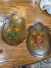 Vtg 1940  s Norwegian ROSEMALING 11  Wood Plaques Pair Signed Kiki