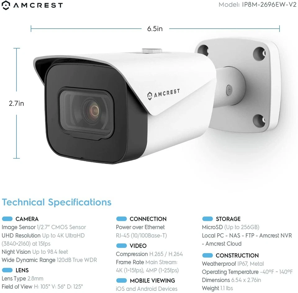 Amcrest UltraHD 4K (8MP) Bullet POE IP Security Camera IP8M-2496EW-V2 Warranty - Image 3 of 4