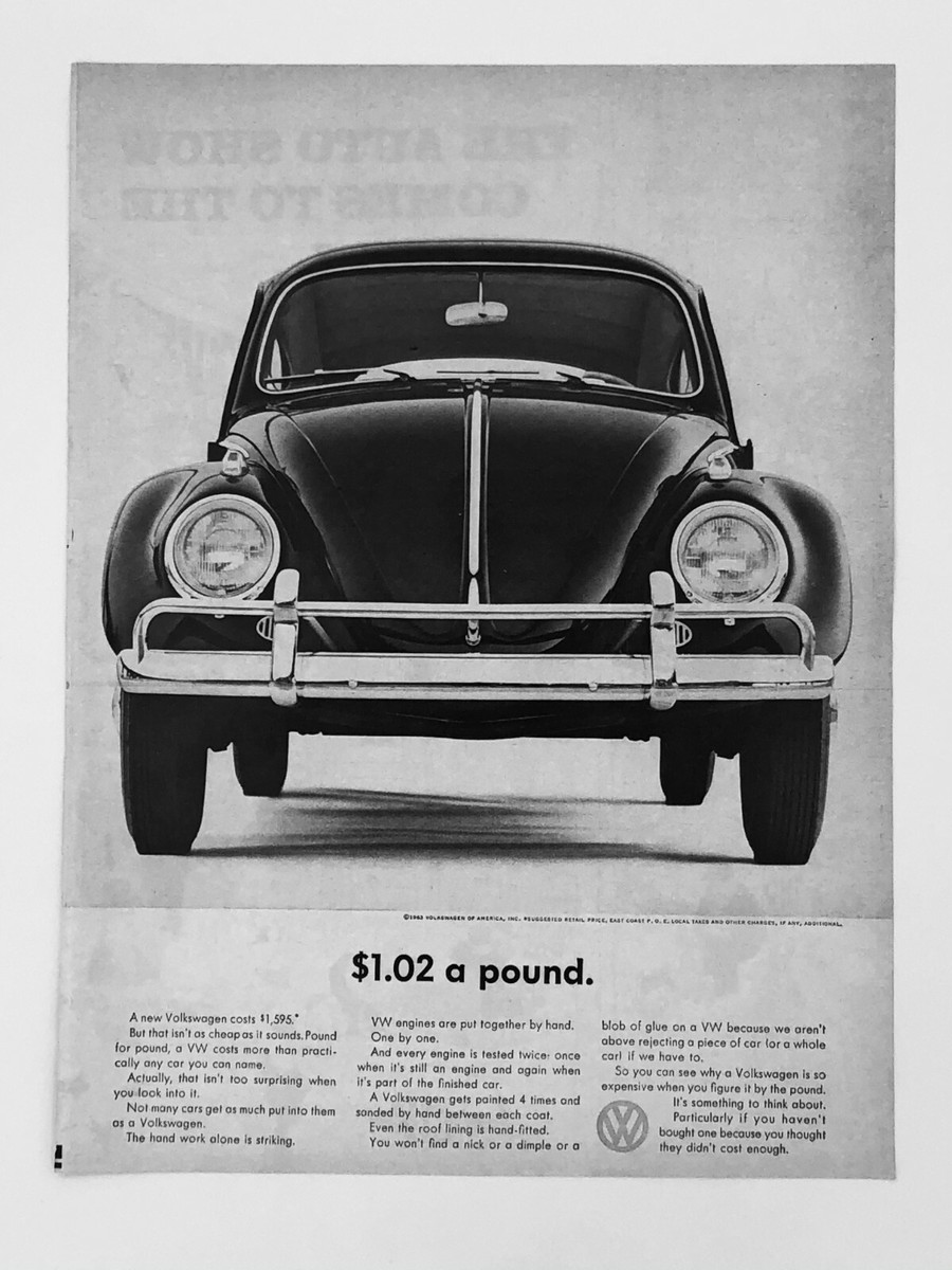 Original Volkswagen 1963 Black Beetle Ad: Bug Front, $1.02 a Pound