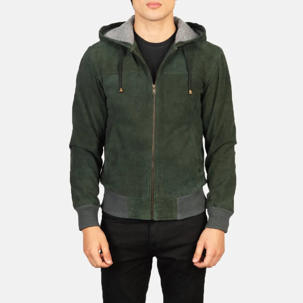 Men's Green Suede hoodie Biker Zipper Leather Jacket