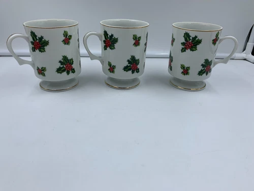 Lot of 3 VTG Lefton China Christmas Holly Berry Footed Coffee Tea Cup
