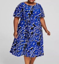 Kasper Women's Blue Florinda Flutter-Sleeve Pullover Belted Dress Plus Size 2X