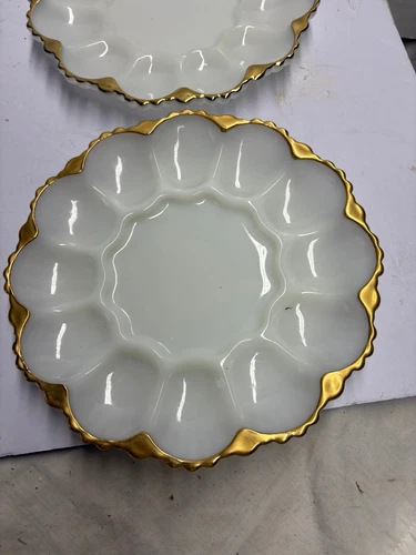 Two Anchor Hocking Vintage Milk Glass Devil Egg Gold Trim Platters Used
