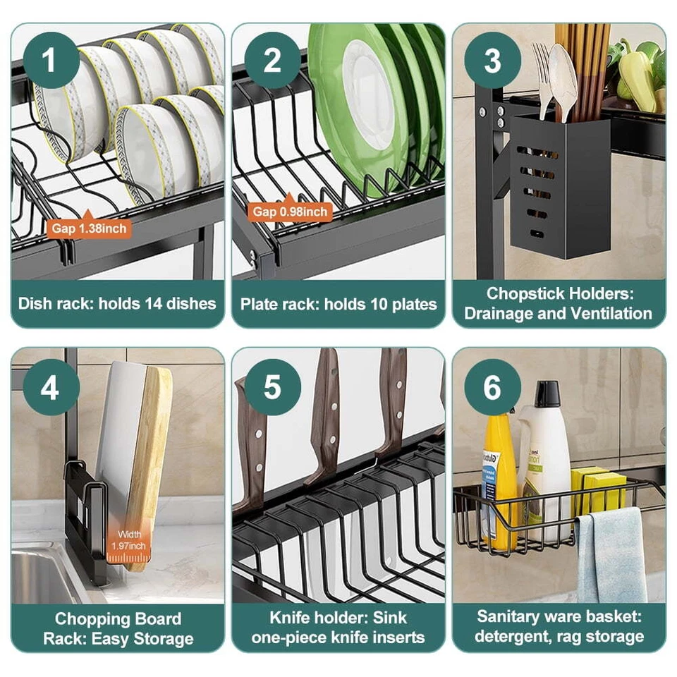 2 Tier Large Stainless Steel Dish Drainer Dish Drying Rack for Kitchen Storage - Image 4 of 4