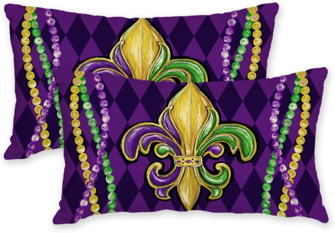 Mardi Gras Pillow Cover 12X20 Inch Fleur De Lis Beads Decor Holiday Farmhouse Pi