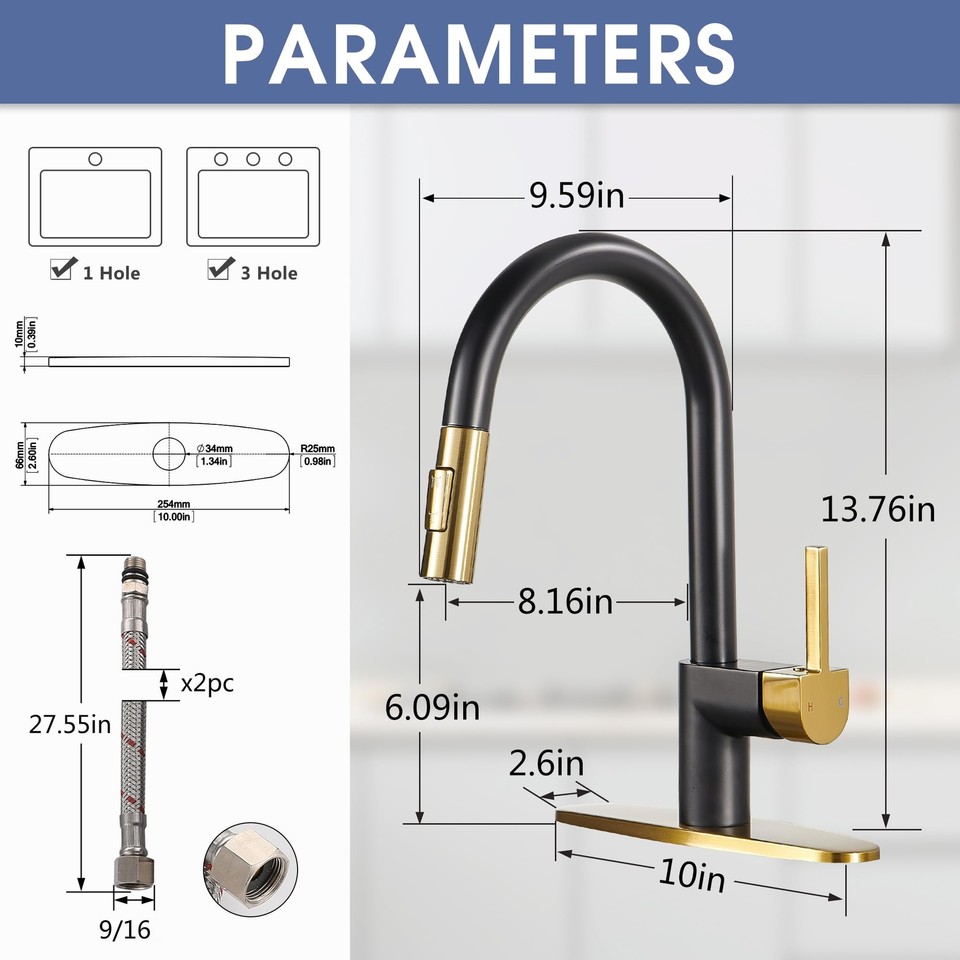 Black and Gold Kitchen Faucet with Pull Down Sprayer Modern Single
