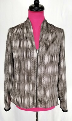 T Tahari Full Zip Shirt Size S Women Brown Black Striped V-Neck No Collar Hi Low